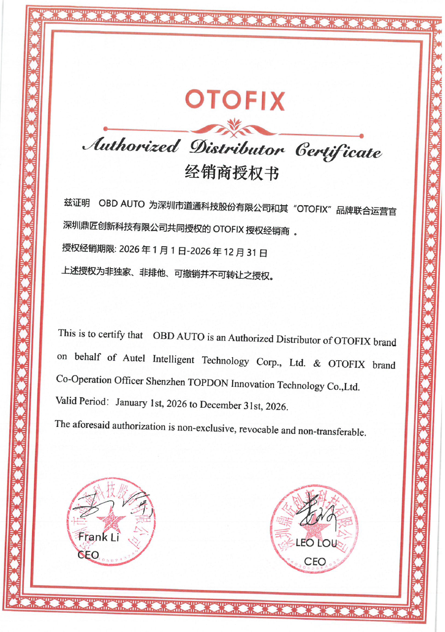 Certificat OBD AUTO distributeur autoris&eacute; OTOFIX France 2026
